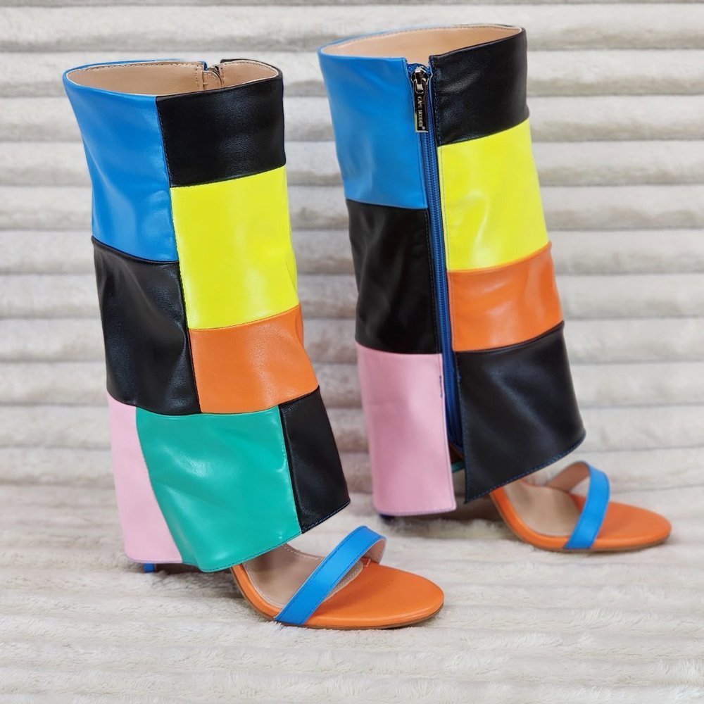 Paris Color Block Stiletto Fold Over Skirted Shootie Boot Sandals